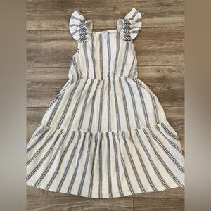 Lands End Girls White and Navy Stripe Ruffle-Sleeve Dress